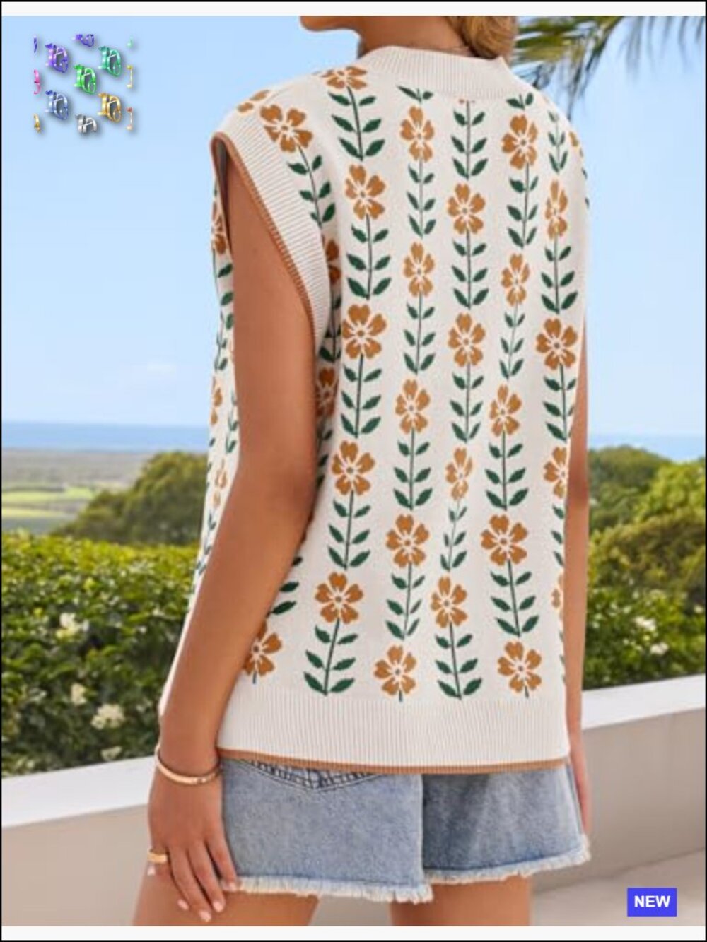 Floral V Neck Sleeveless Sweater Vest Oversized Loose Knit Tank Tops Casual - Picture 4 of 7